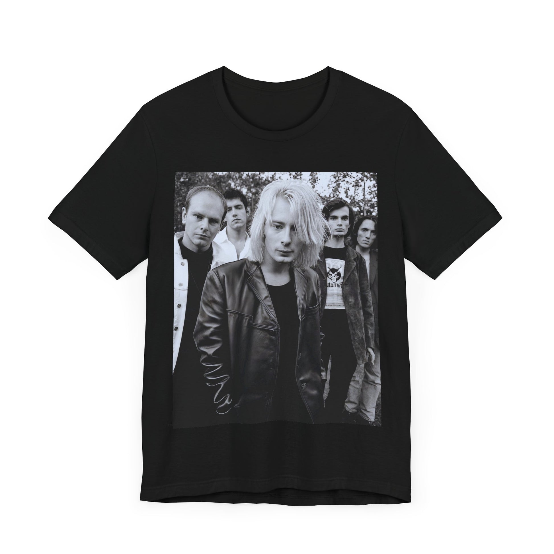 A black graphic t-shirt featuring a cool experimental rock graphic of Radiohead.