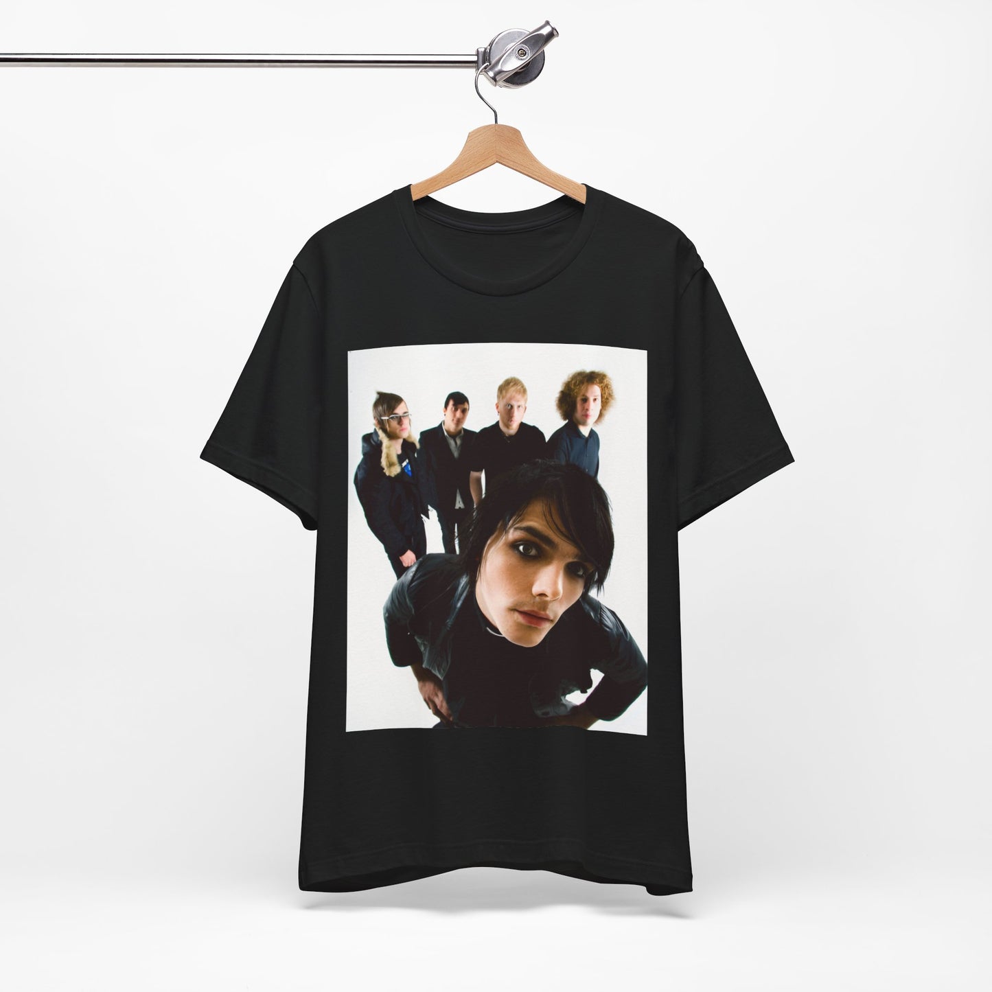 A black graphic t-shirt featuring a vintage emo revival graphic for My Chemical Romance.