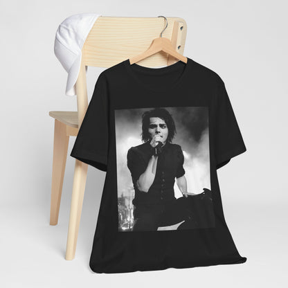 A black graphic t-shirt featuring a black and white graphic or photo of My Chemical Romance performing live in concert.