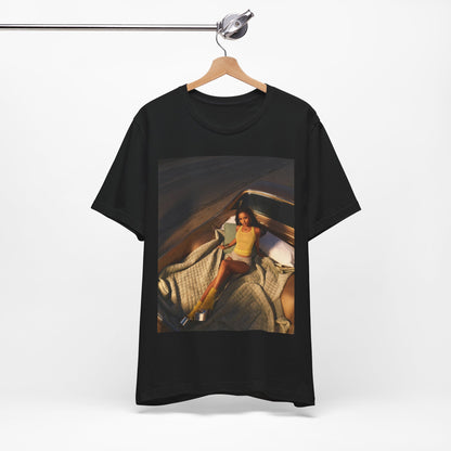 A black graphic t-shirt featuring a graphic of Tyla as an African fashion icon.