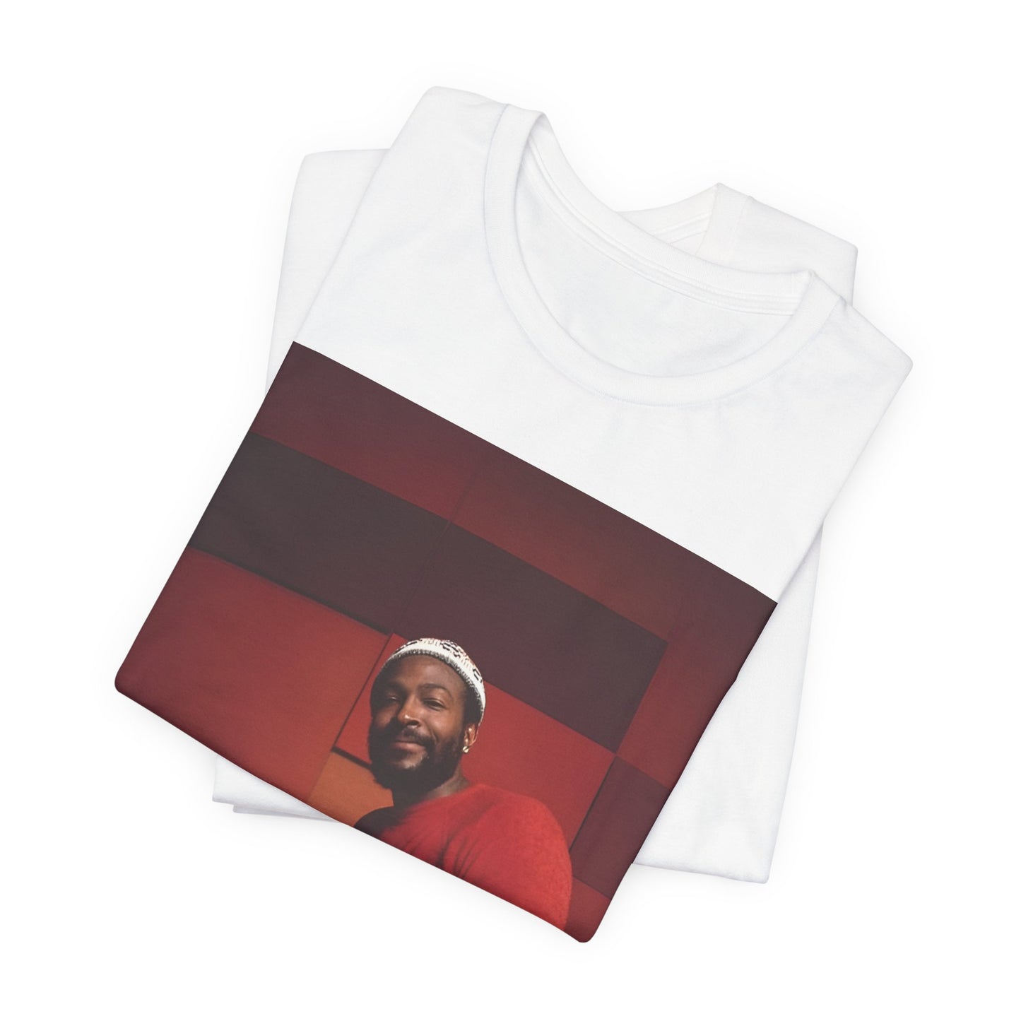 A black graphic t-shirt featuring a retro photo of Marvin Gaye playing the piano.