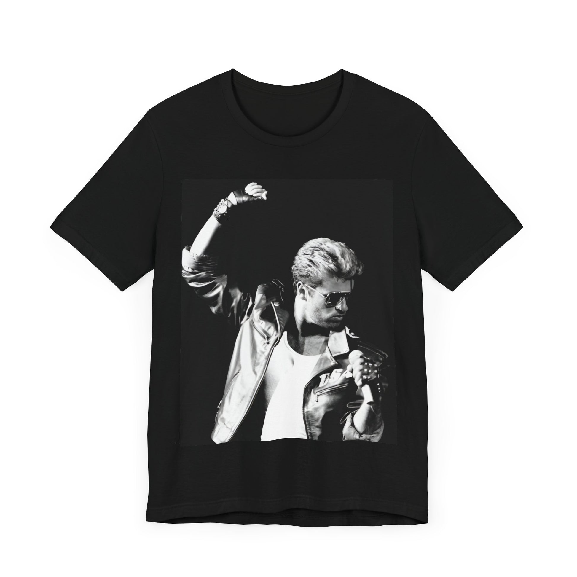 A black graphic t-shirt featuring a black and white photo of George Michael from his 'Faith' album era.