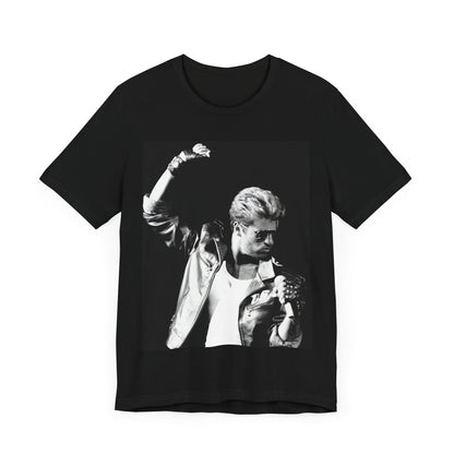 A black graphic t-shirt featuring a black and white photo of George Michael from his 'Faith' album era.