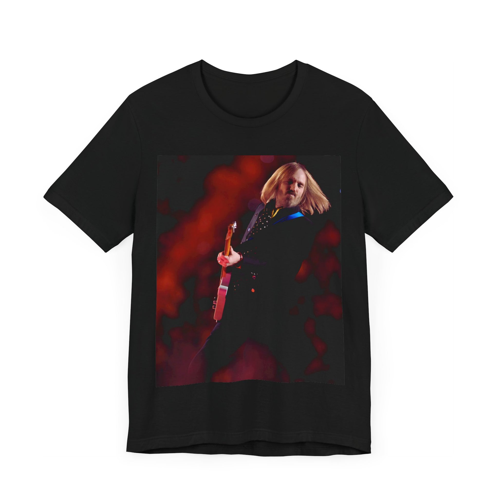 A black graphic t-shirt featuring a graphic or photo of Tom Petty as a powerhouse live performer.