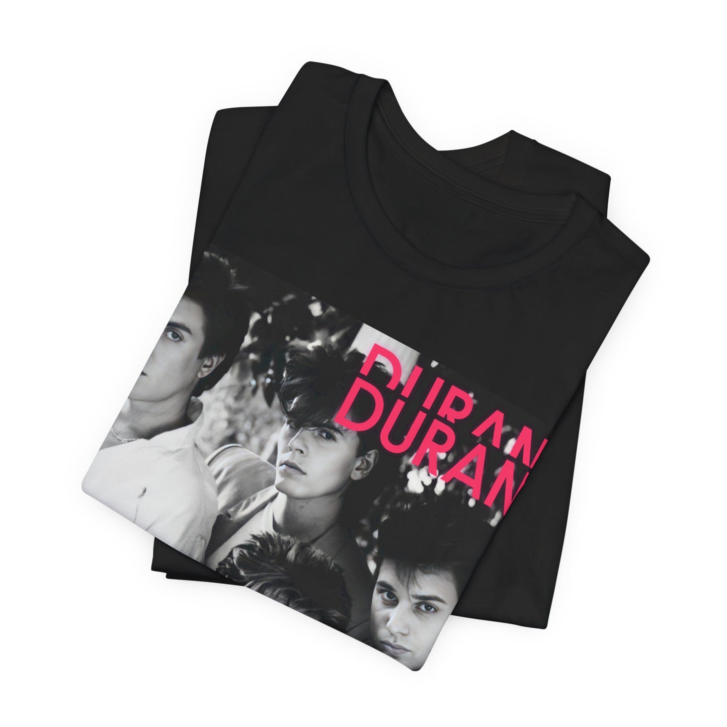 A black graphic t-shirt featuring a black and white graphic or photo of Duran Duran, designed with an 80s retro aesthetic.
