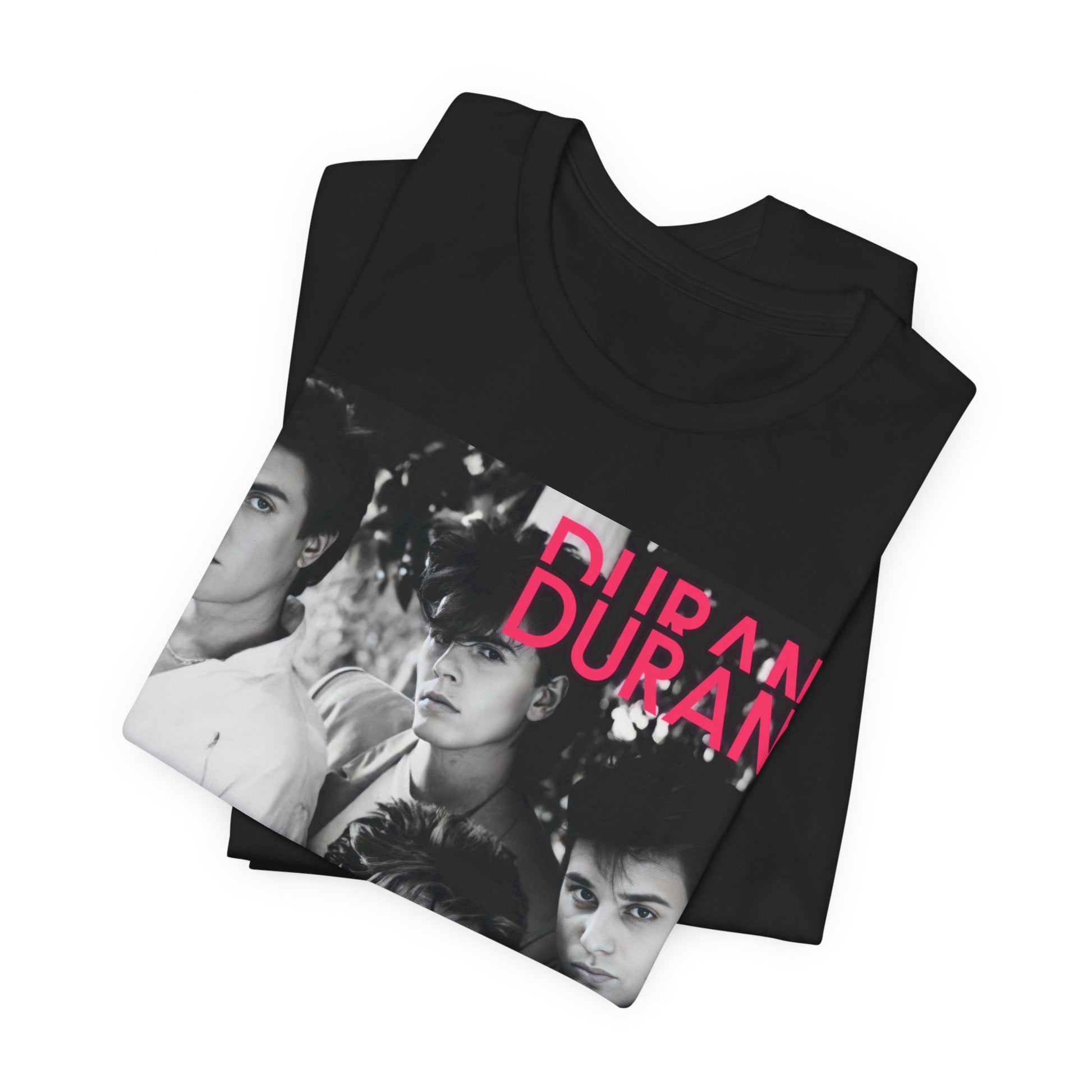 A black graphic t-shirt featuring a black and white graphic or photo of Duran Duran, designed with an 80s retro aesthetic.