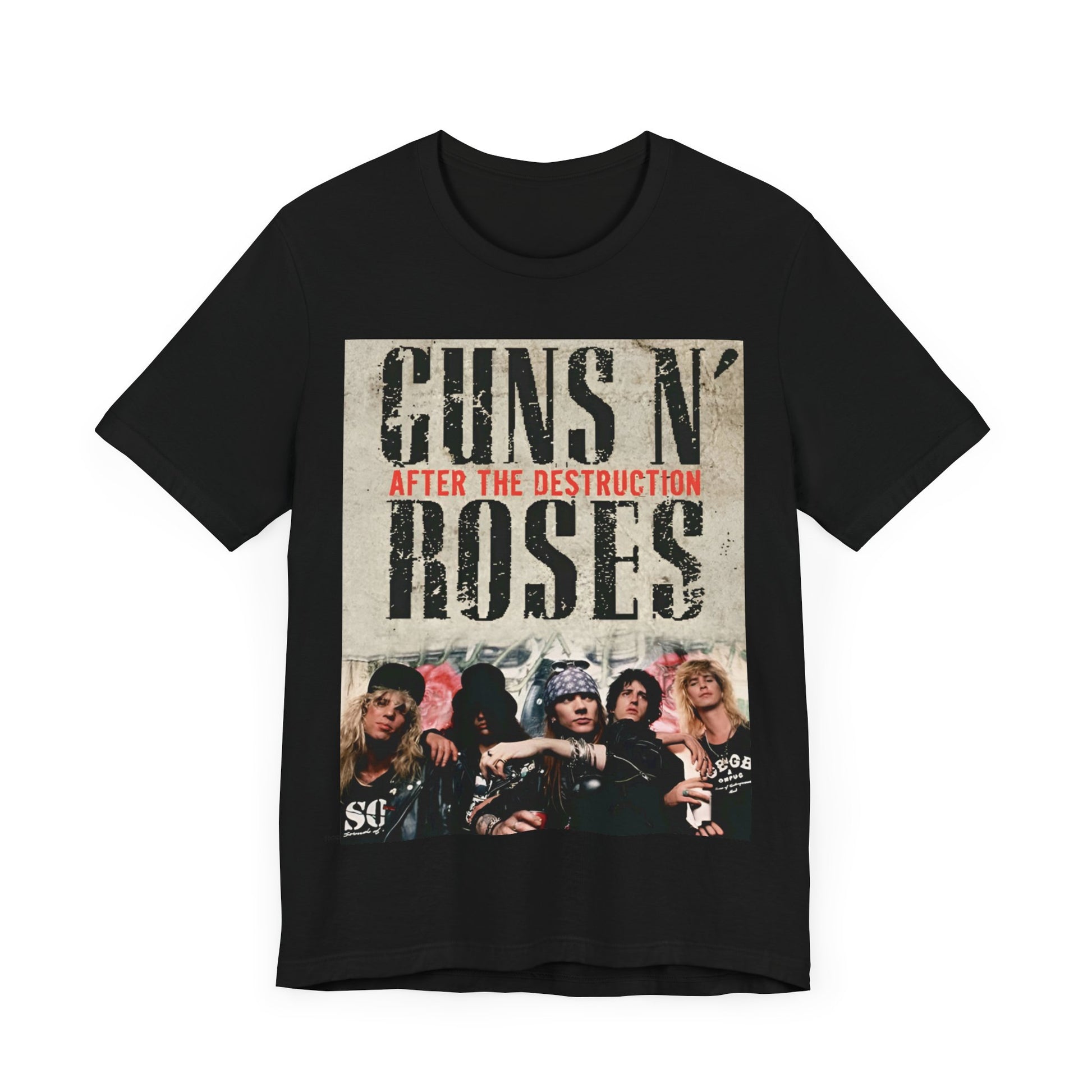 A black graphic t-shirt featuring a graphic related to Guns N' Roses, with a theme of 'after the destruction'.