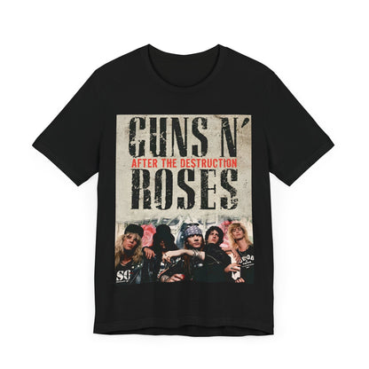 A black graphic t-shirt featuring a graphic related to Guns N' Roses, with a theme of 'after the destruction'.