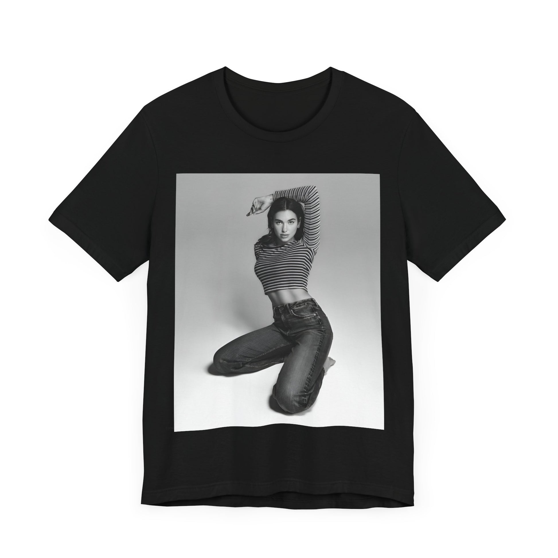 A black graphic t-shirt featuring a black and white photo of Dua Lipa in a posed manner.
