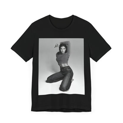 A black graphic t-shirt featuring a black and white photo of Dua Lipa in a posed manner.
