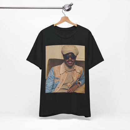 A black graphic t-shirt featuring a retro graphic related to Stevie Wonder's 'Songs in the Key of Life' album era.