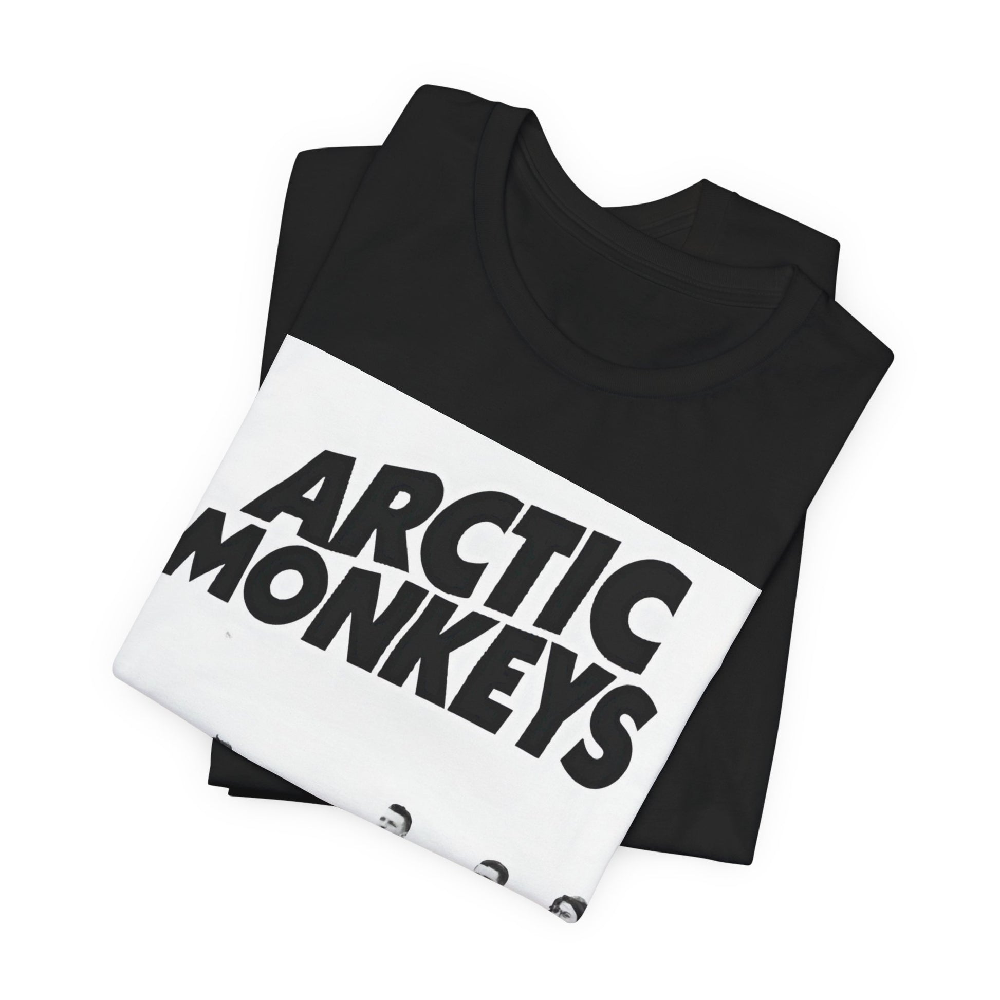 A black graphic t-shirt featuring the Arctic Monkeys logo in black and white.