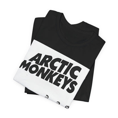 A black graphic t-shirt featuring the Arctic Monkeys logo in black and white.