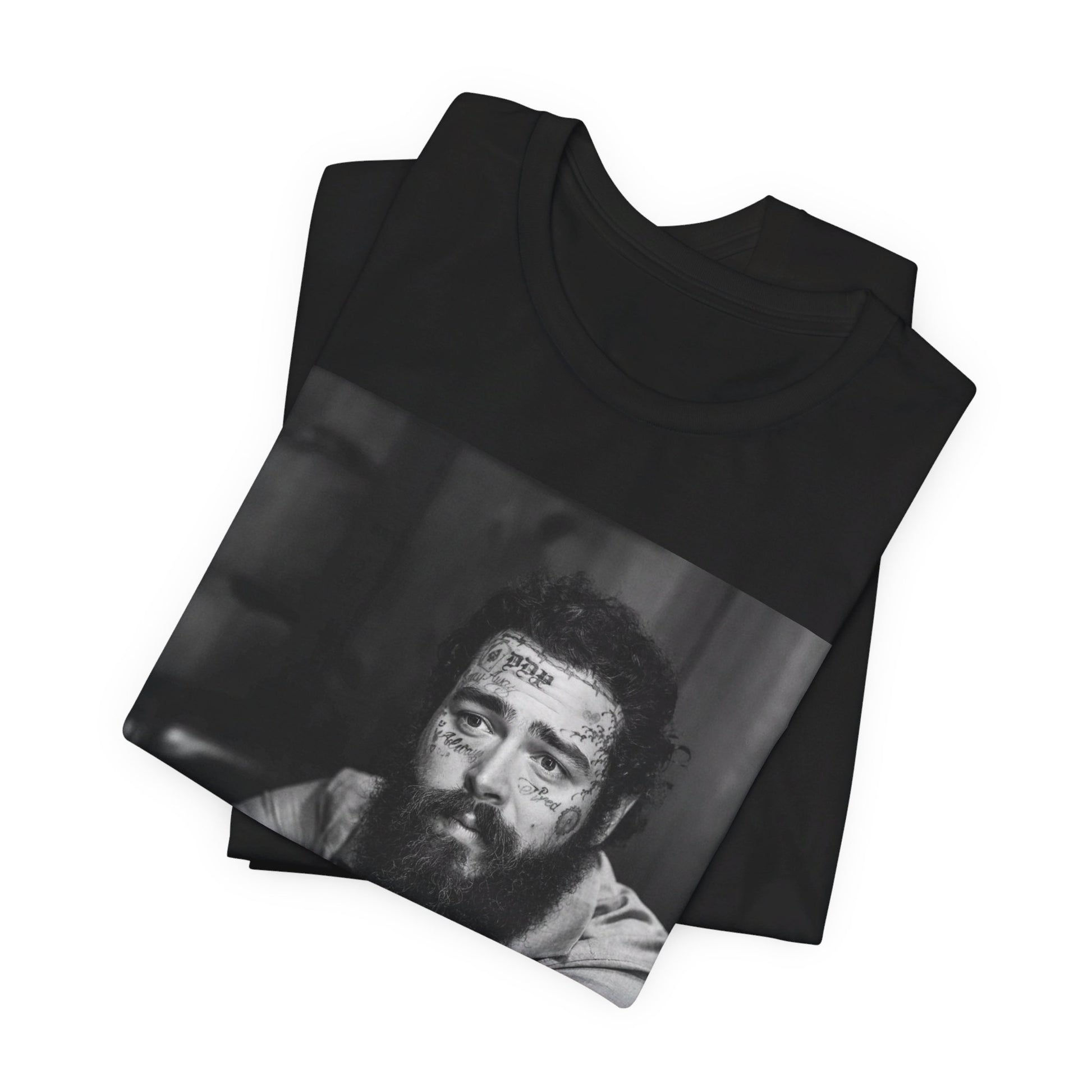 A black graphic t-shirt featuring a black and white, monochrome graphic or photo of Post Malone.