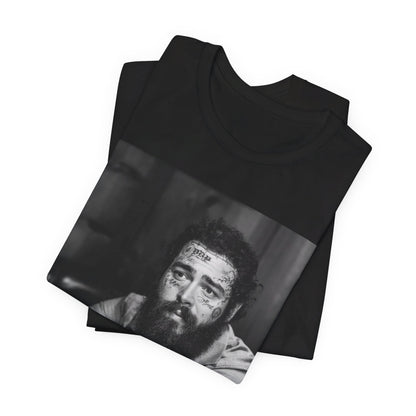 A black graphic t-shirt featuring a black and white, monochrome graphic or photo of Post Malone.
