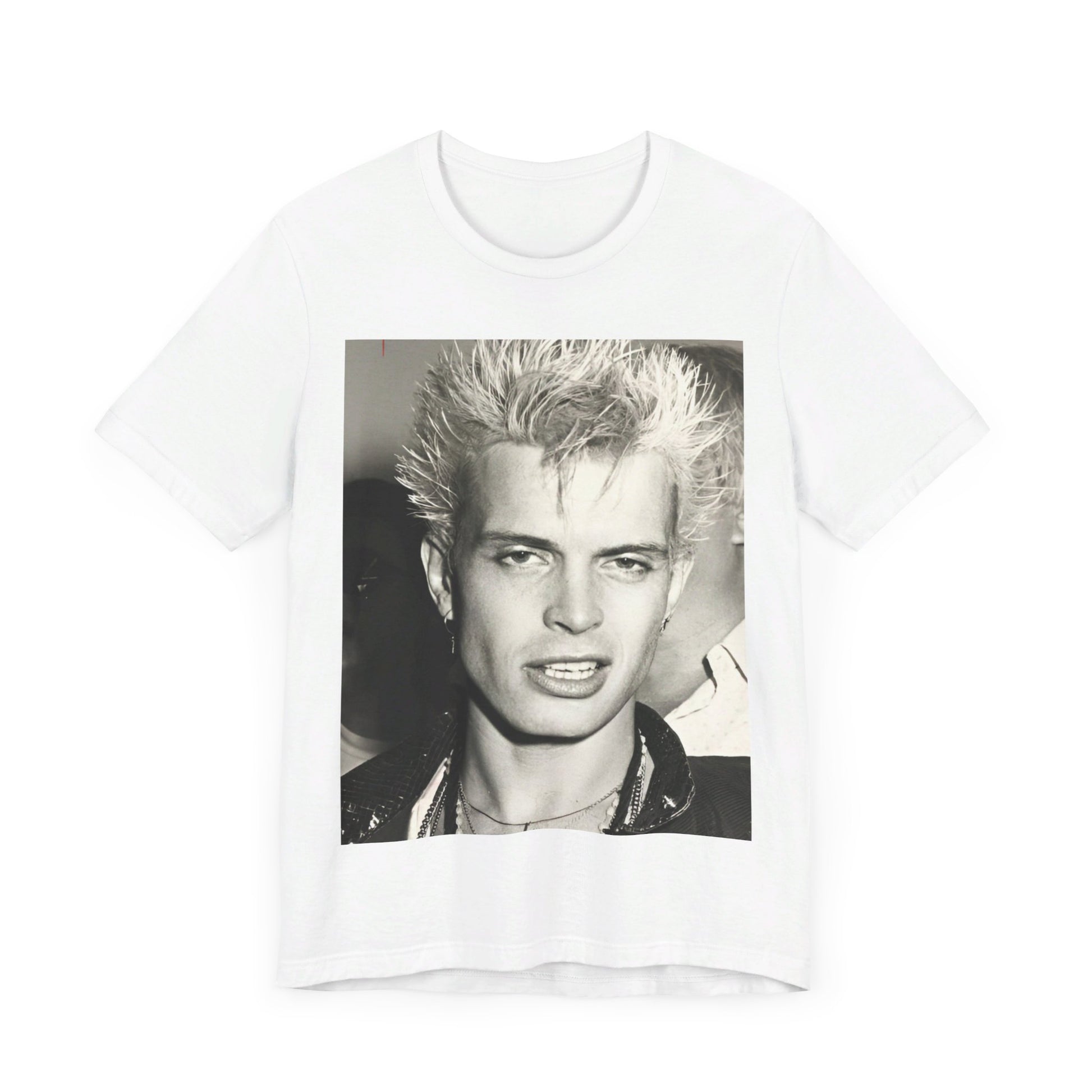 A black graphic t-shirt featuring a vintage black and white monochrome graphic of Billy Idol.