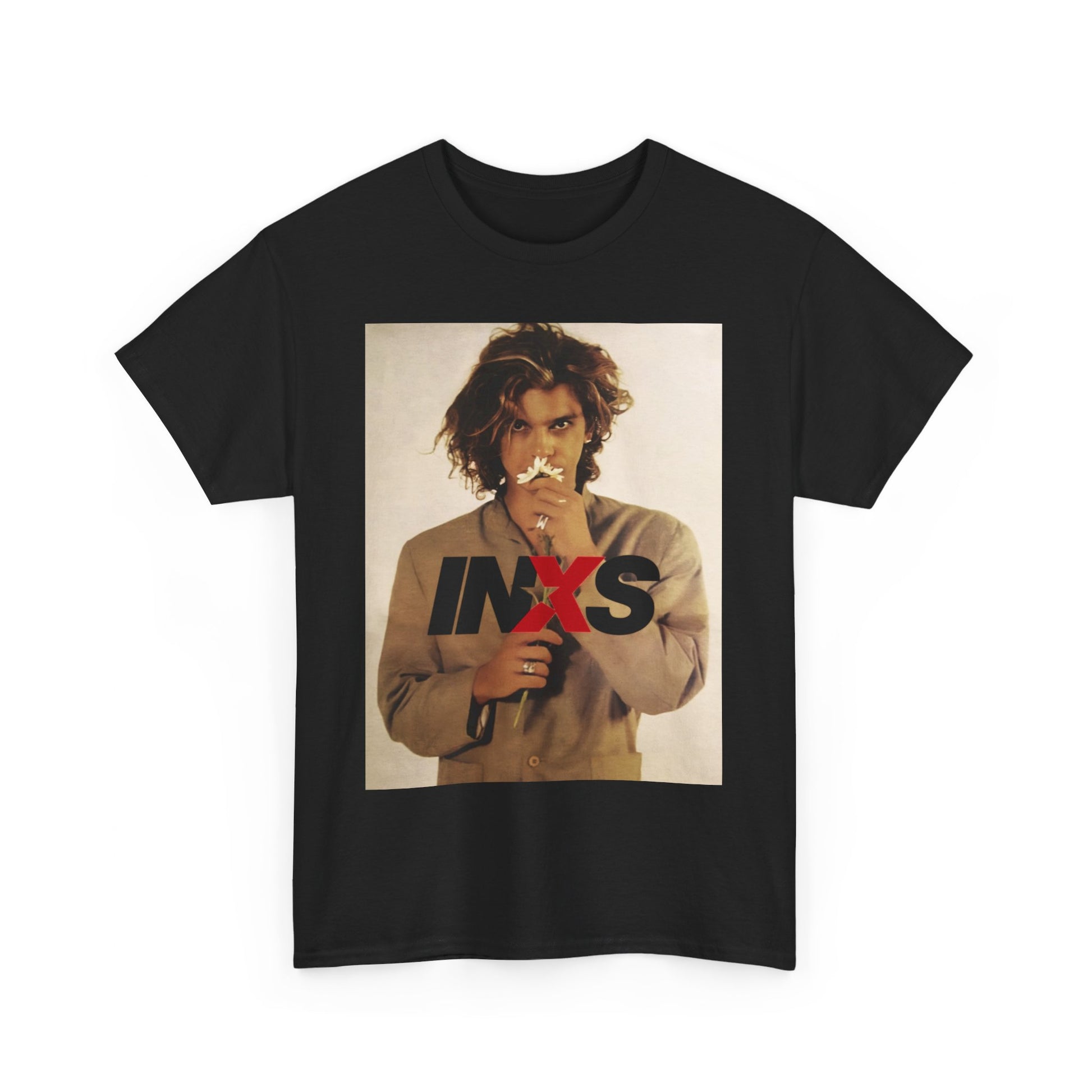 A black graphic t-shirt featuring a 90s cool Australian rock vibe graphic of INXS.