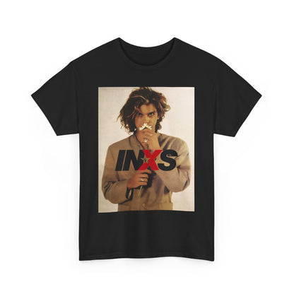 A black graphic t-shirt featuring a 90s cool Australian rock vibe graphic of INXS.