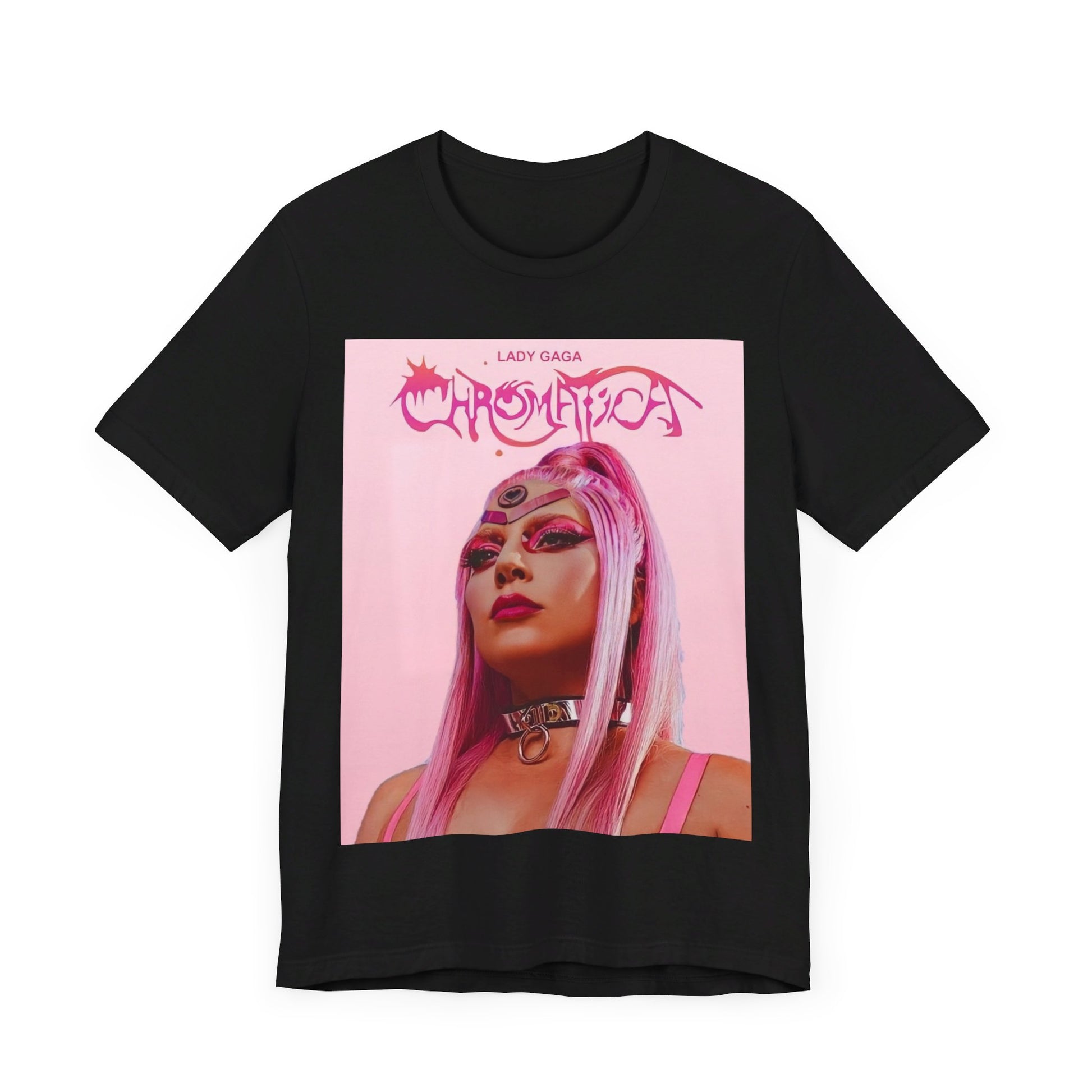 A black graphic t-shirt featuring a graphic related to Lady Gaga's 'Chromatica' album.