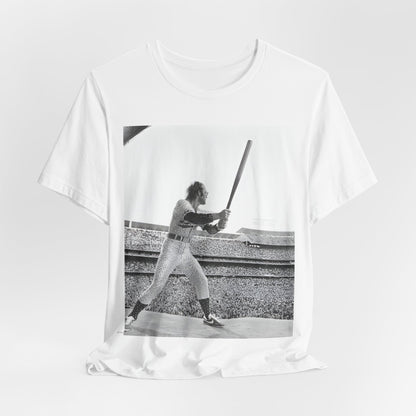 A black graphic t-shirt featuring a black and white graphic or photo related to Elton John's 1975 tour in America.