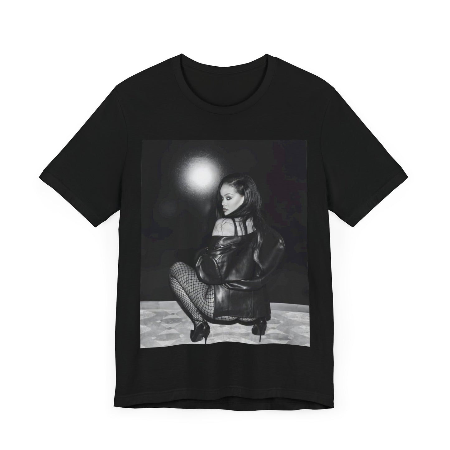 A black graphic t-shirt featuring a black and white sexy graphic of Rihanna.