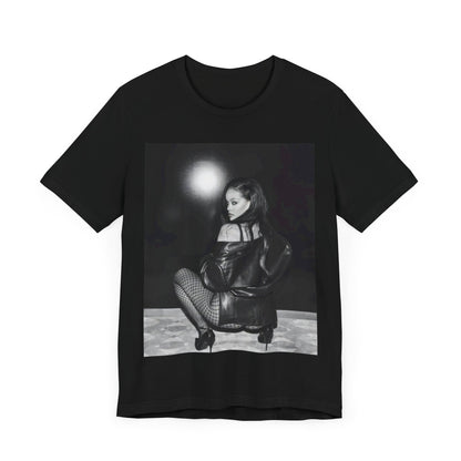 A black graphic t-shirt featuring a black and white sexy graphic of Rihanna.