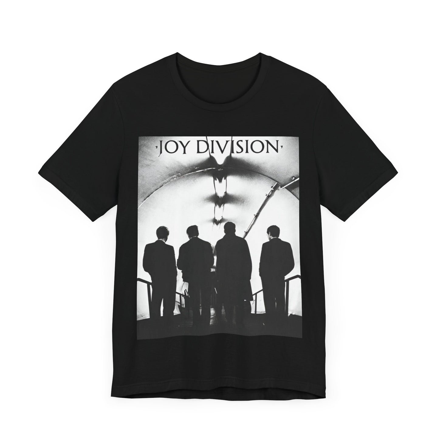 A black graphic t-shirt featuring a vintage post-punk graphic of Joy Division.