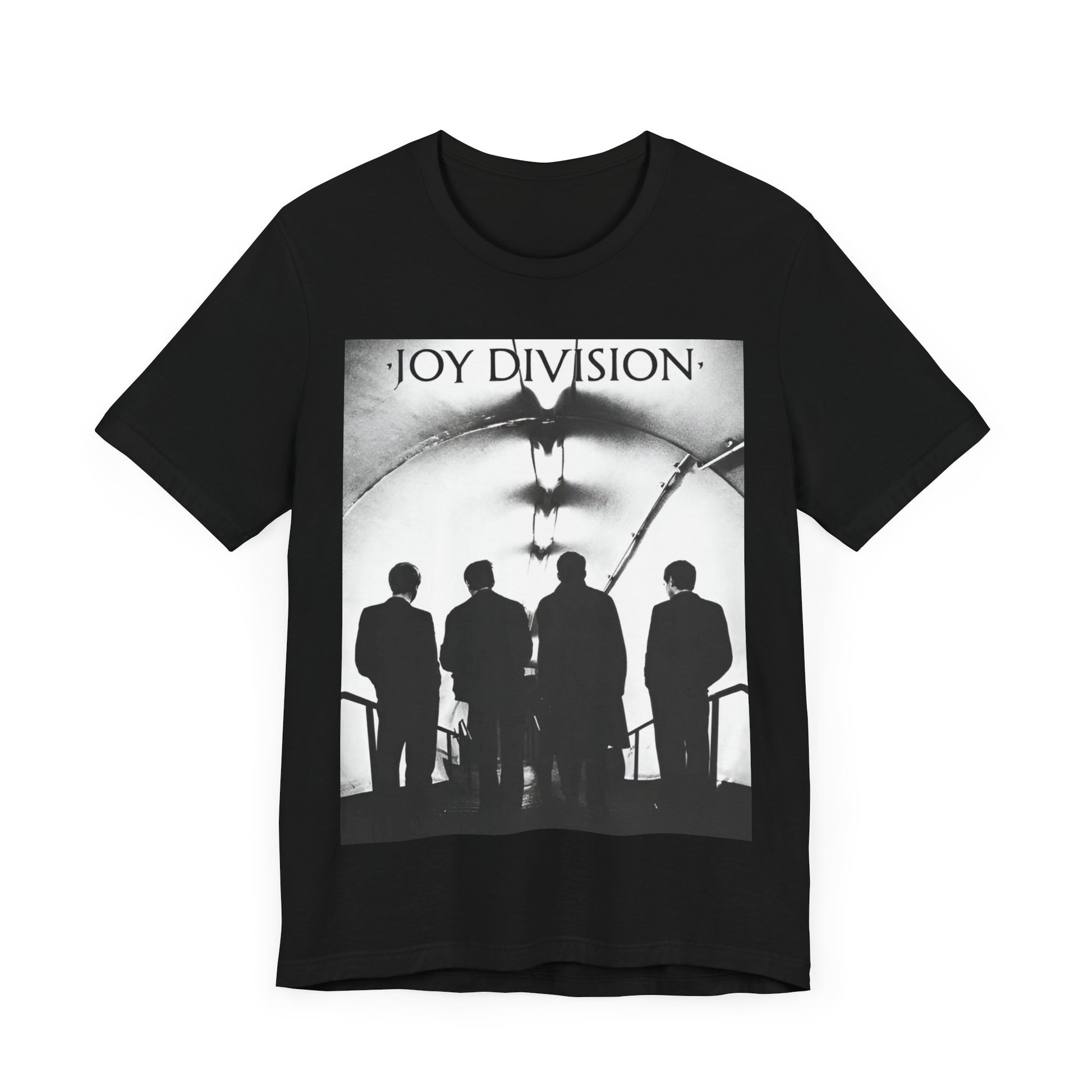 A black graphic t-shirt featuring a vintage post-punk graphic of Joy Division.