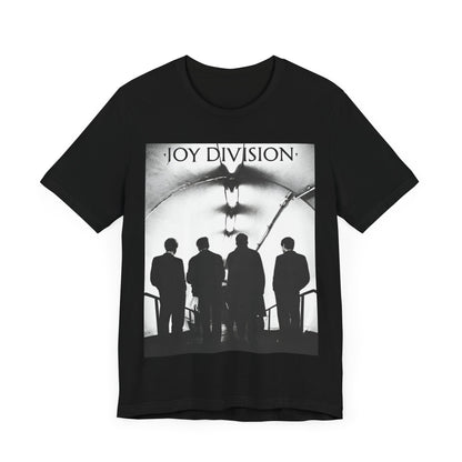 A black graphic t-shirt featuring a vintage post-punk graphic of Joy Division.