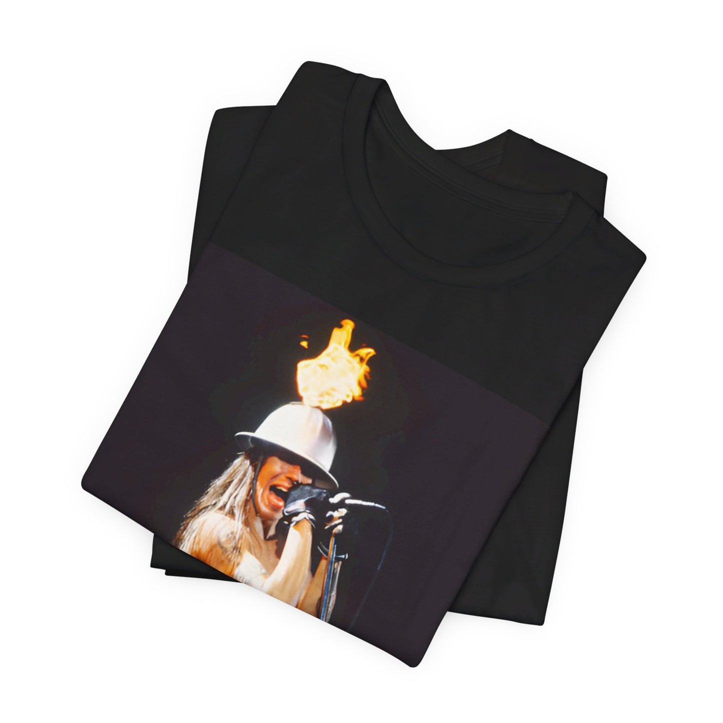 A black graphic t-shirt featuring a graphic of Anthony Kiedis from Red Hot Chili Peppers on tour, depicting wild energy.