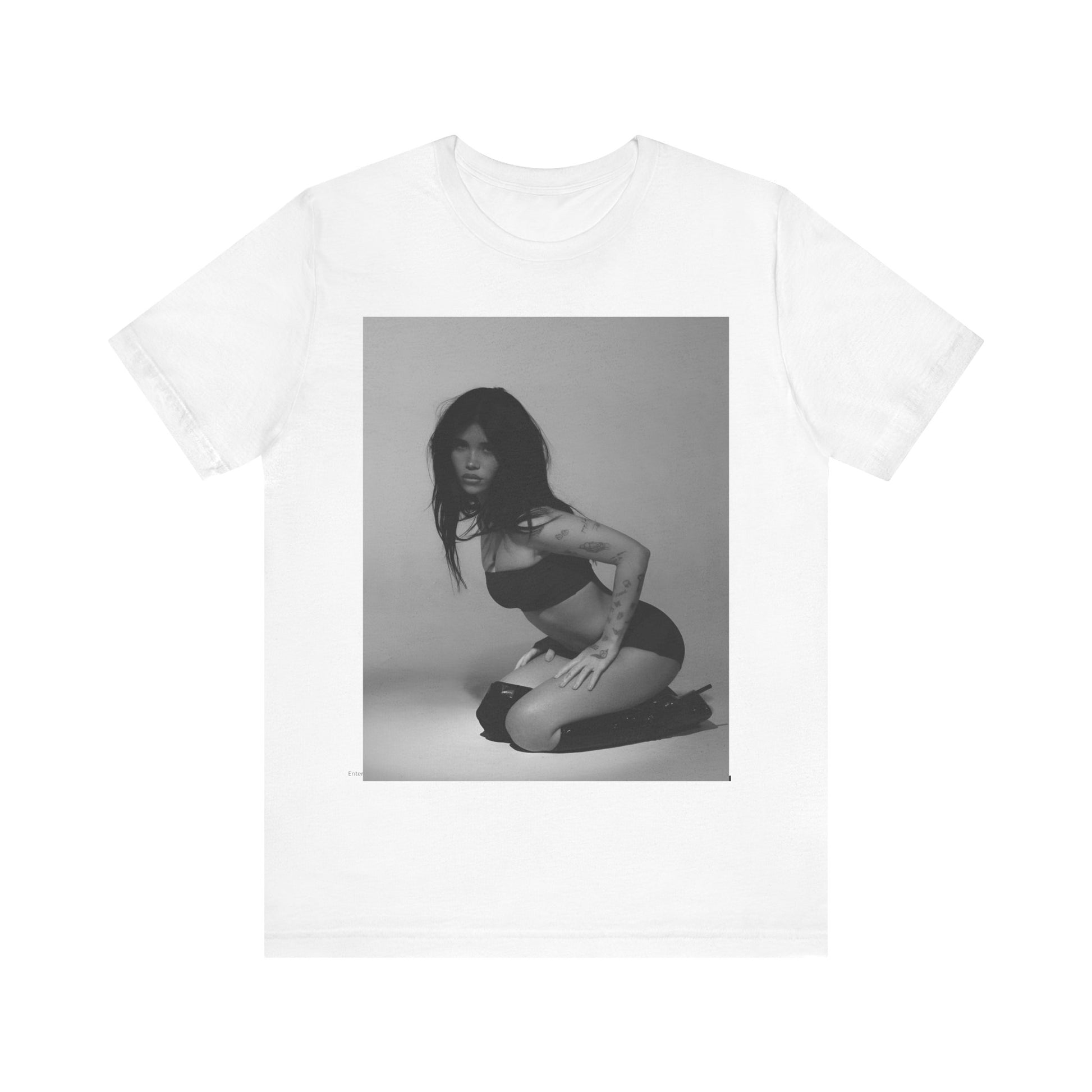 A black graphic t-shirt featuring a black and white, monochrome graphic or photo of Nessa Barrett.
