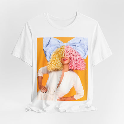 A black graphic t-shirt featuring a chill indie pop graphic of Sia.