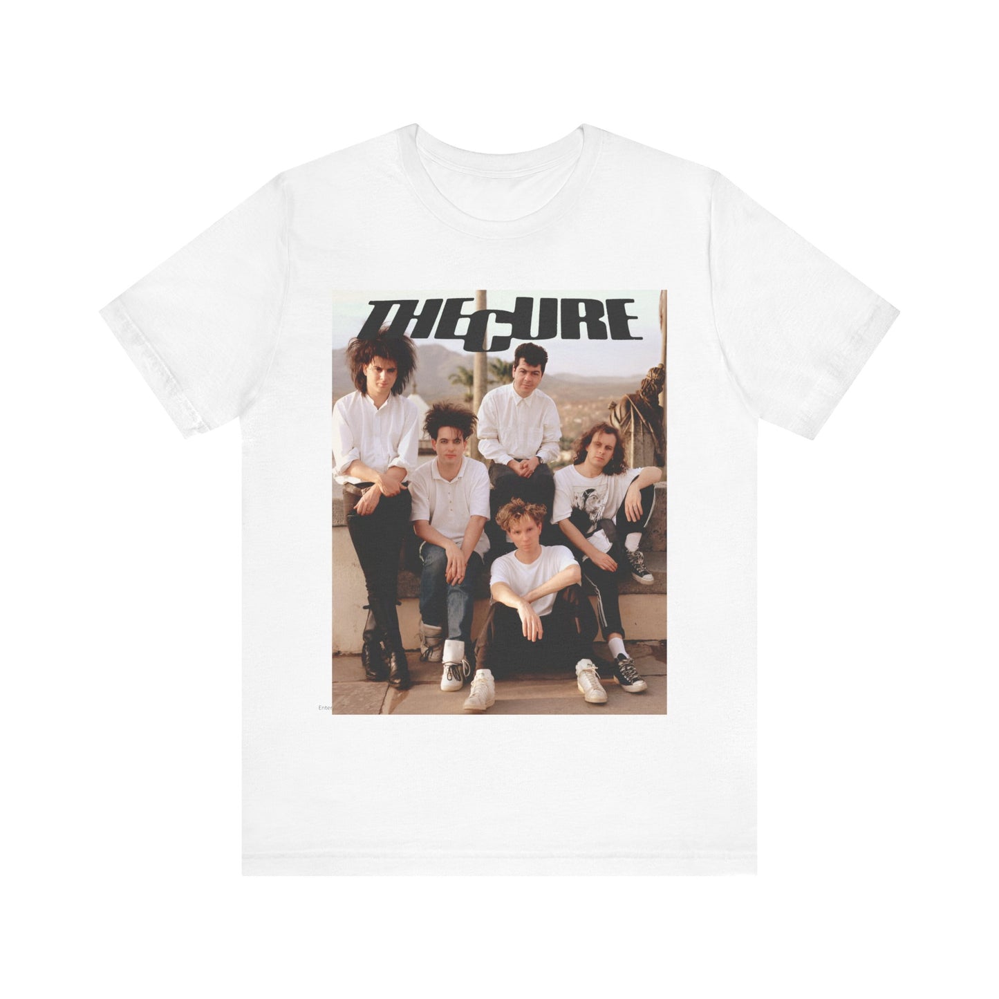 A black graphic t-shirt featuring a vintage graphic of The Cure with a dark romanticism theme.