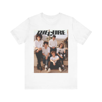 A black graphic t-shirt featuring a vintage graphic of The Cure with a dark romanticism theme.
