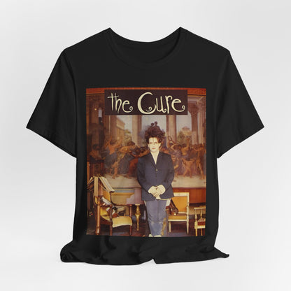 A black graphic t-shirt featuring a graphic of Robert Smith from The Cure as a goth icon.