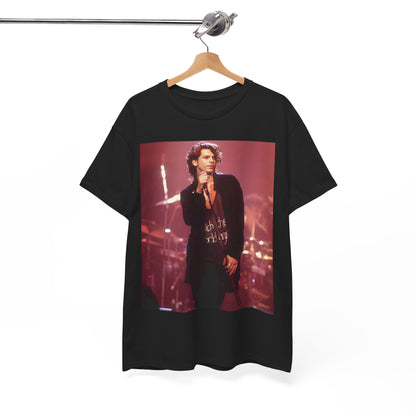 A black graphic t-shirt featuring a graphic related to INXS's 'Never Tear Us Apart' song or era from the 90s.