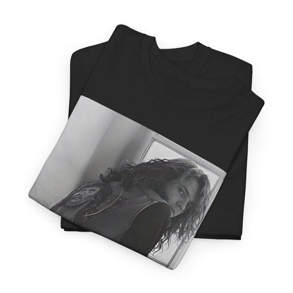 A black graphic t-shirt featuring a 90s black and white photo portrait of Michael Hutchence from INXS.