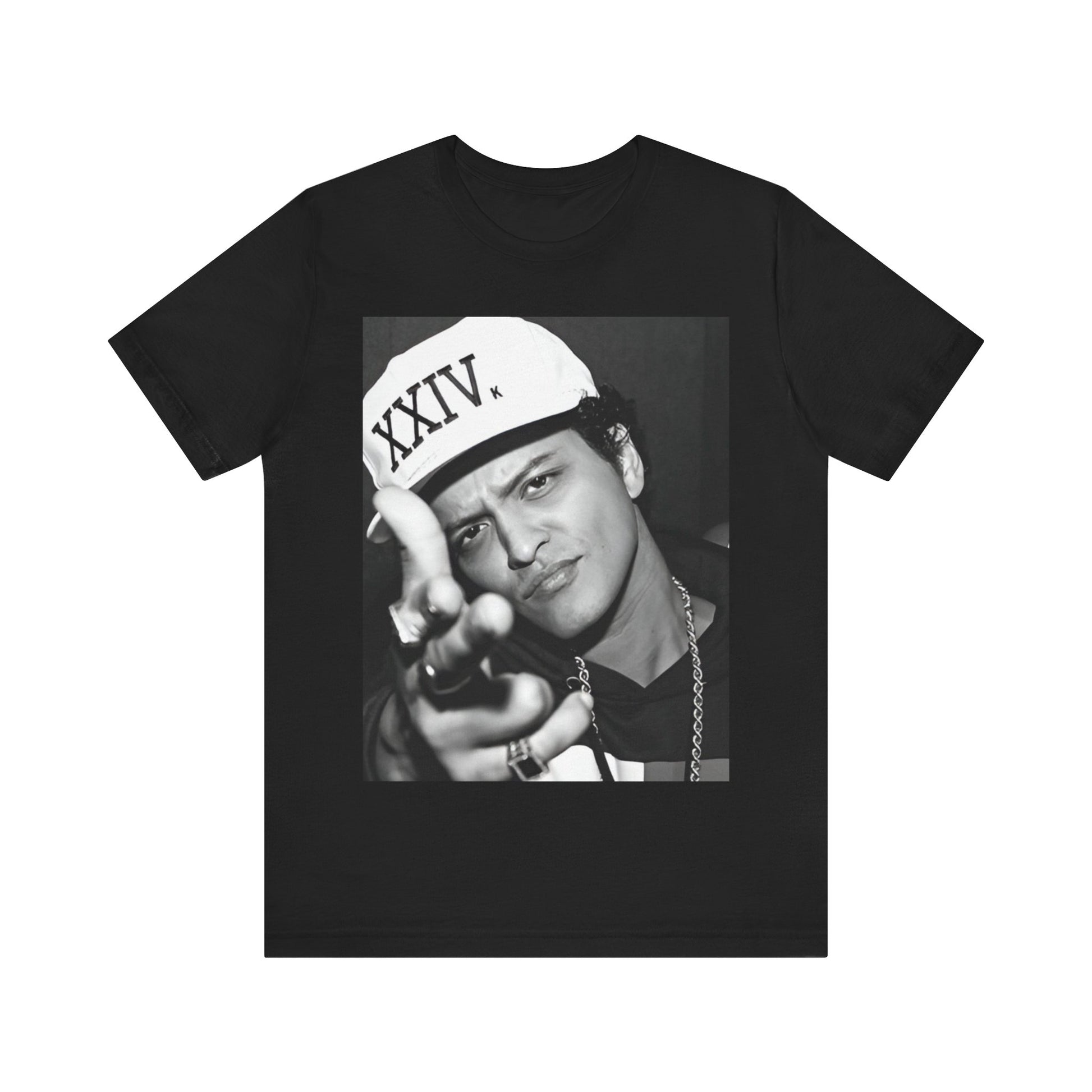 A black graphic t-shirt featuring a black and white photo of Bruno Mars, likely from his '24K Magic' (XXIV) era.