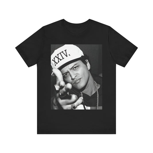 A black graphic t-shirt featuring a black and white photo of Bruno Mars, likely from his '24K Magic' (XXIV) era.
