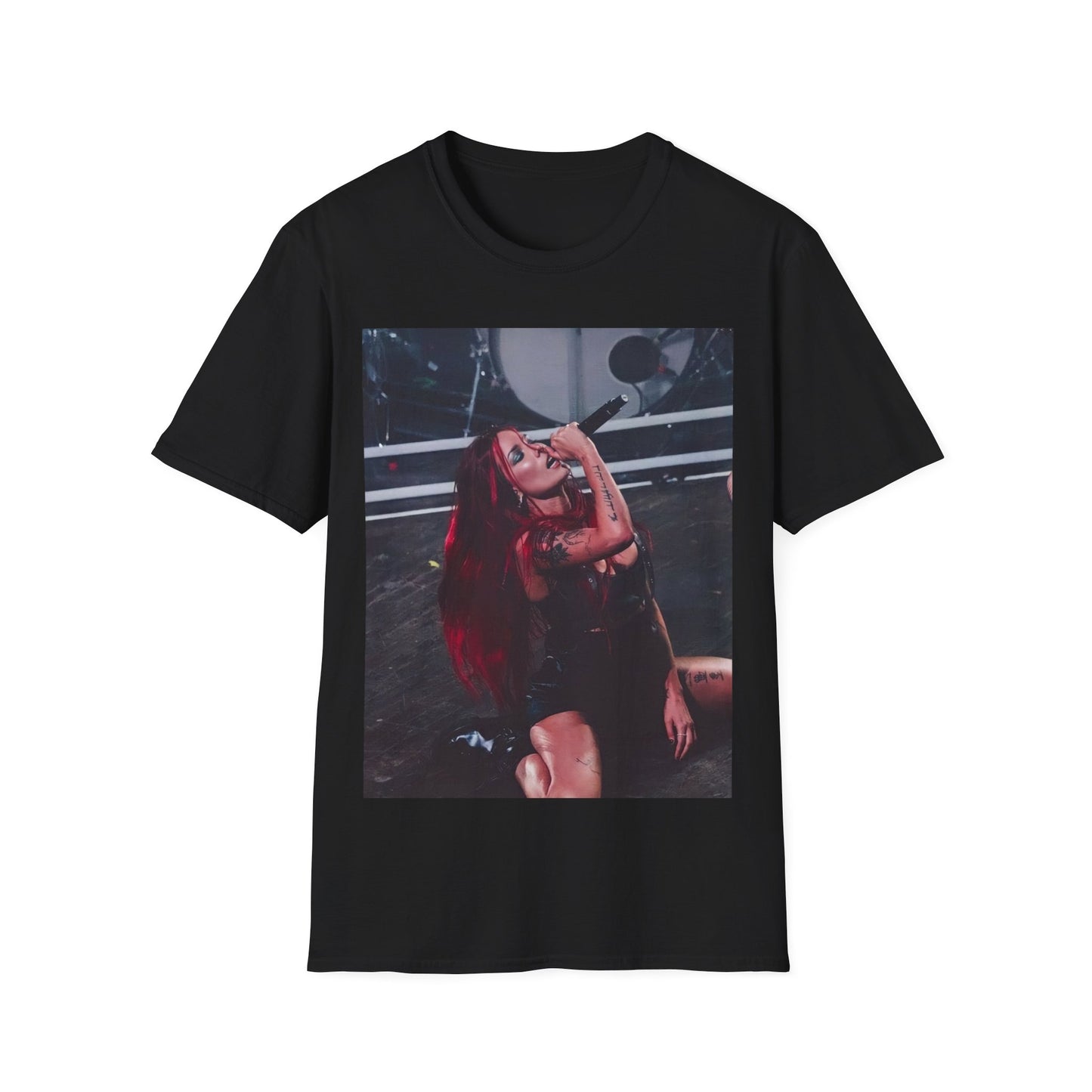 A black graphic t-shirt featuring a dynamic graphic or photo of Halsey performing live on stage.