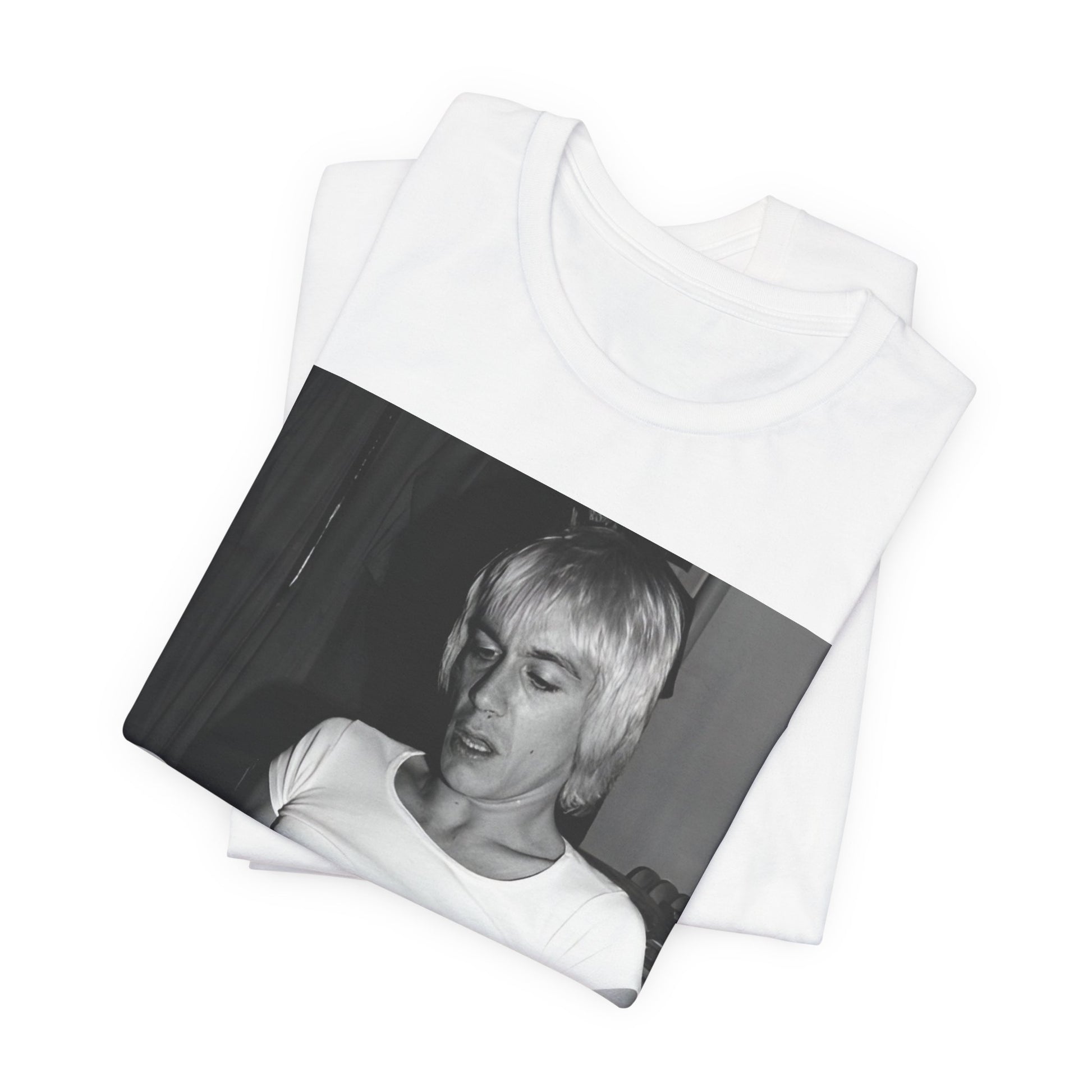 A black graphic t-shirt featuring a 70s classic photo of Iggy Pop and The Stooges.