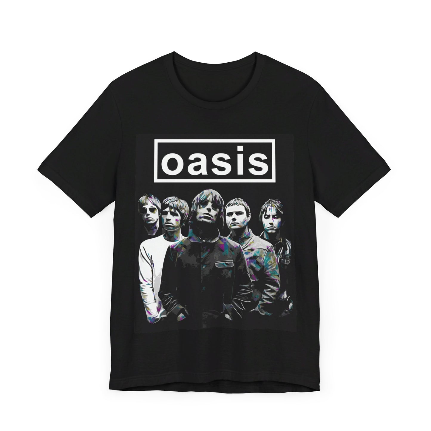 A black graphic t-shirt featuring a retro graphic related to Oasis's 'Definitely Maybe' album era.