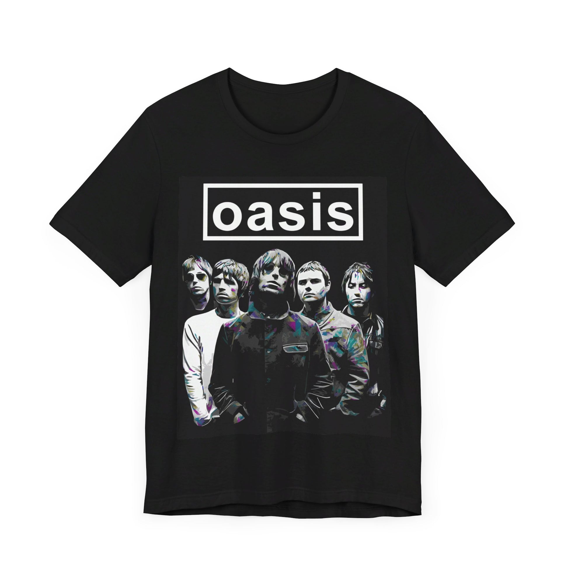 A black graphic t-shirt featuring a retro graphic related to Oasis's 'Definitely Maybe' album era.