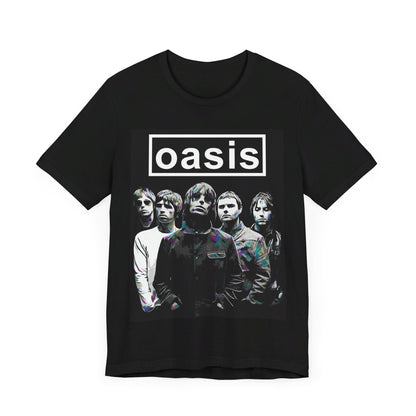 A black graphic t-shirt featuring a retro graphic related to Oasis's 'Definitely Maybe' album era.
