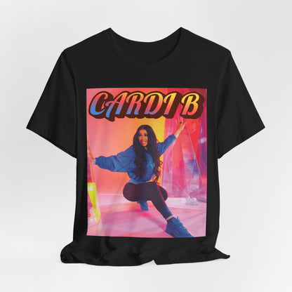 A black graphic t-shirt featuring a graphic of Cardi B, designed with a rap aesthetic.