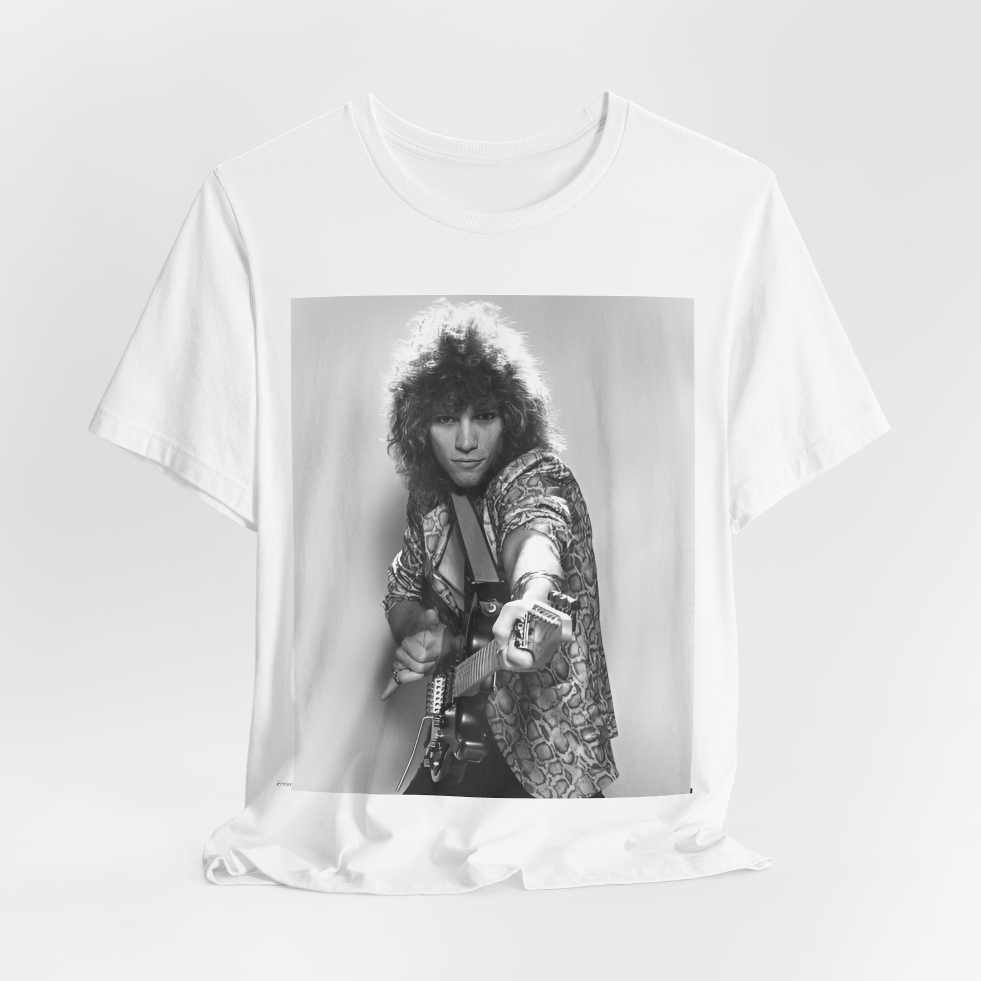 A black graphic t-shirt featuring a vintage 80s rock graphic of Bon Jovi.