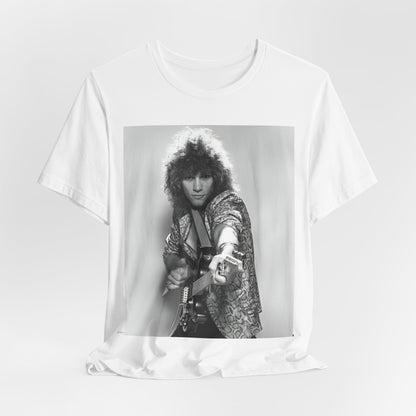 A black graphic t-shirt featuring a vintage 80s rock graphic of Bon Jovi.