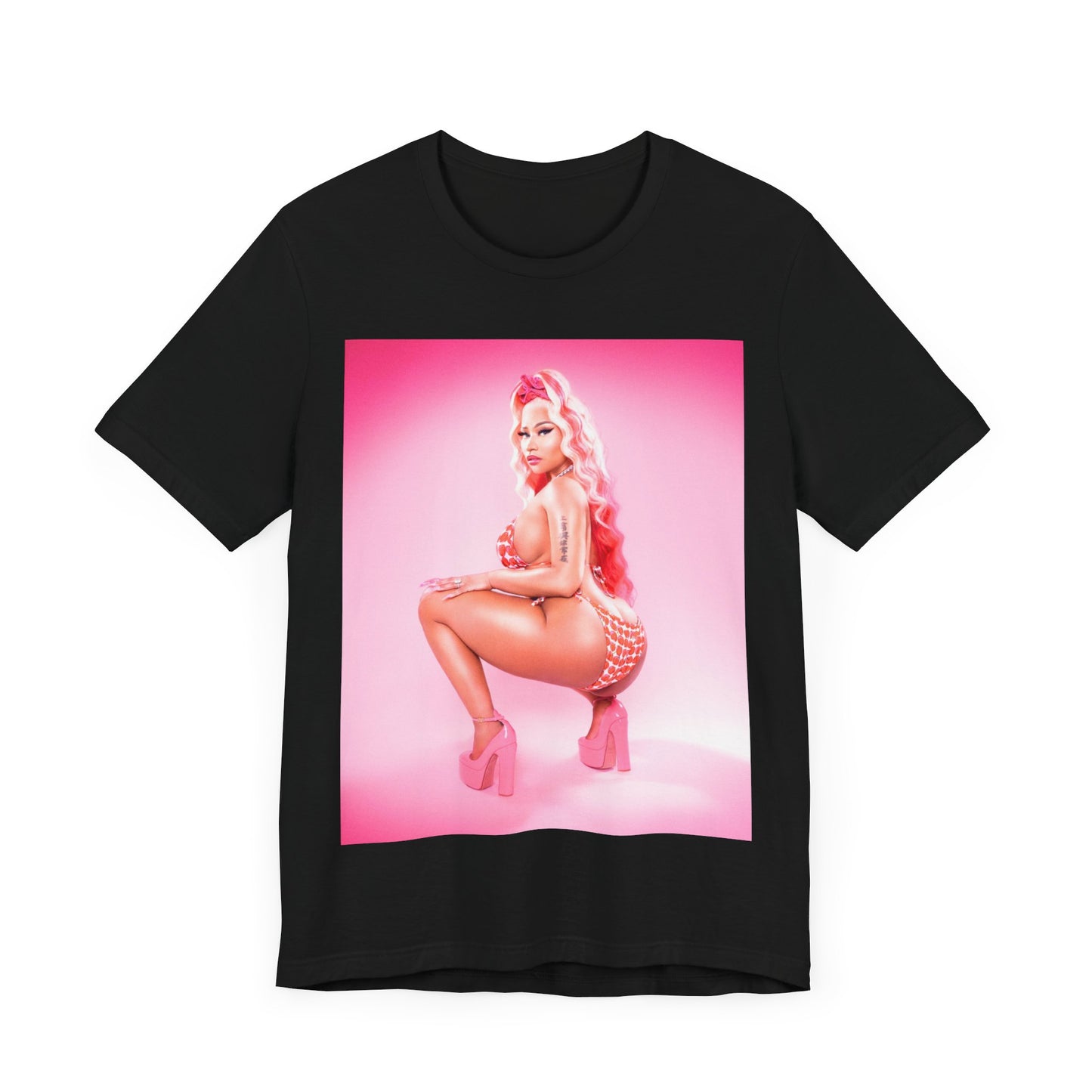 A black graphic t-shirt featuring a graphic related to Nicki Minaj's 'Anaconda' song or era.