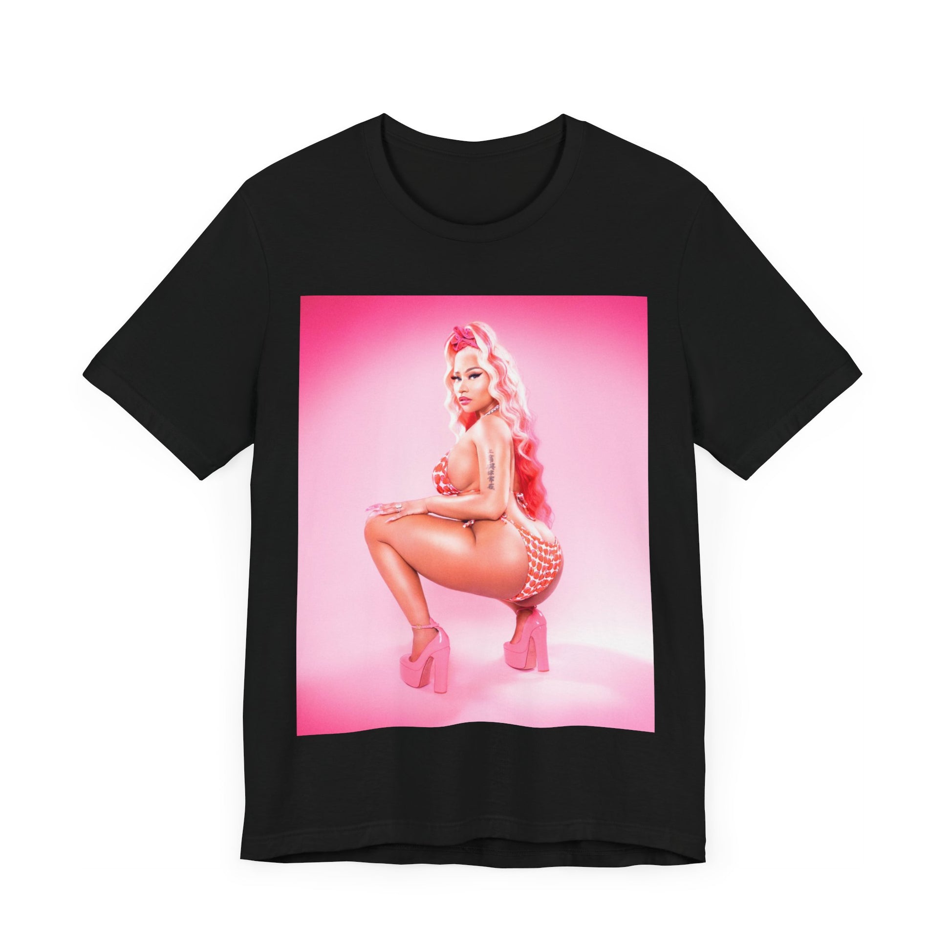 A black graphic t-shirt featuring a graphic related to Nicki Minaj's 'Anaconda' song or era.