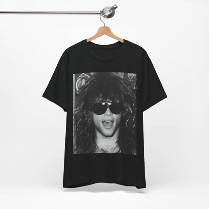 A black graphic t-shirt featuring a graphic or photo of Bon Jovi in a backstage setting.